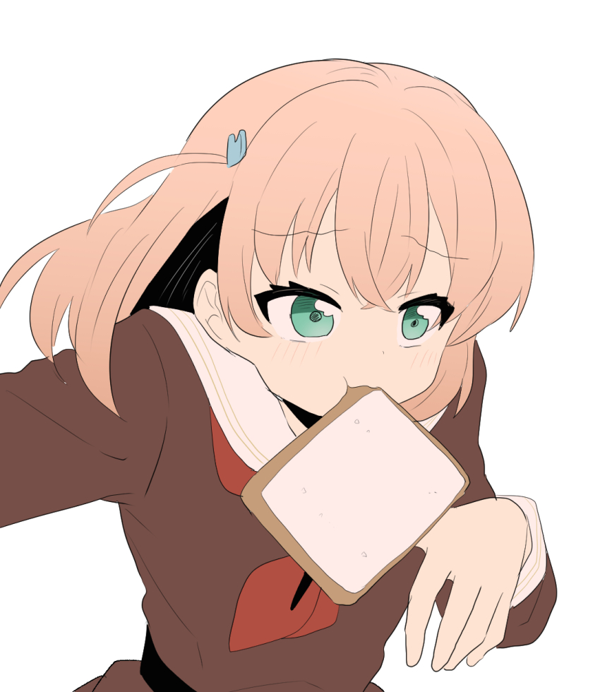 1girl, aqua_eyes, bread, bread_slice, brown_dress, commentary, crossed_bangs, dress