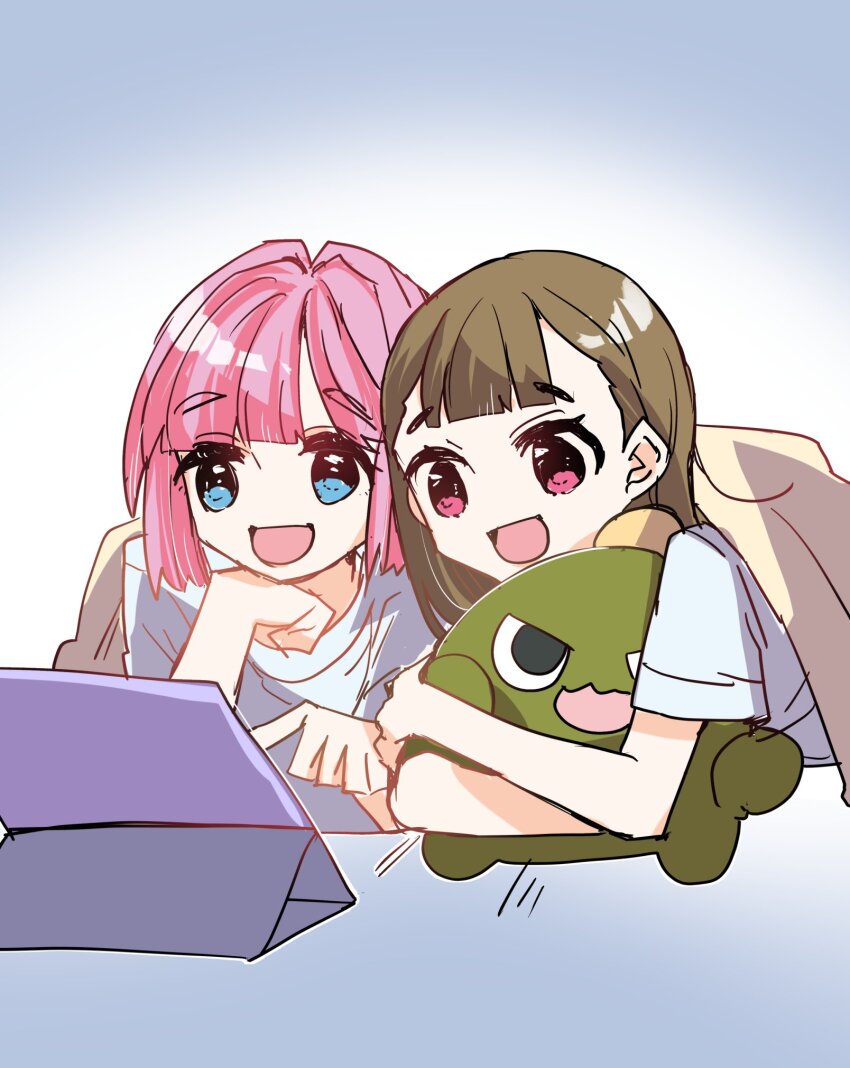 2girls, :d, anyoji_hime, anyoji_hime_(summer_loungewear), blue_eyes, blunt_bangs, brown_hair, center-flap_bangs