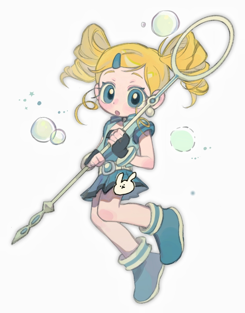 1girl, :o, belt, blonde_hair, blue_eyes, blush, boots, bubble_wand, drill_hair, fingerless_gloves, full_body, gloves, goutokuji_miyako, hair_ornament, highres, holding, open_clothes, open_vest, powerpuff_girls_z, rolling_bubbles, shirt, short_sleeves, simple_background, solo, twin_drills, vest, white_background, ya15217084