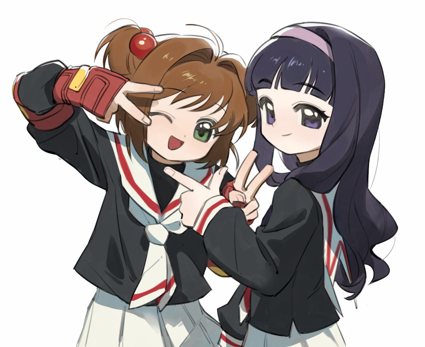 2girls, ;d, absurdres, black_hair, brown_hair, cardcaptor_sakura, daidouji_tomoyo, finger_gun, fingerless_gloves, gloves, green_eyes, hair_ornament, hairband, highres, kinomoto_sakura, long_hair, long_sleeves, looking_at_viewer, multiple_girls, one_eye_closed, open_mouth, pleated_skirt, purple_eyes, sailor_collar, school_uniform, serafuku, short_hair, simple_background, skirt, smile, tomoeda_elementary_school_uniform, tomoeda_middle_school_uniform, upper_body, v, white_background, ya15217084