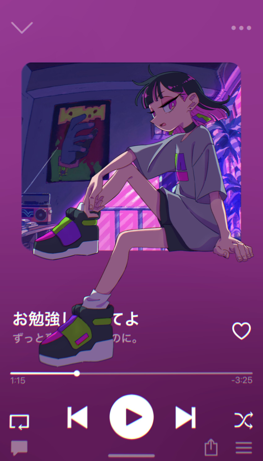 ..., 1girl, arrow_(symbol), bedroom, black_choker, black_hair, black_shoes, black_shorts