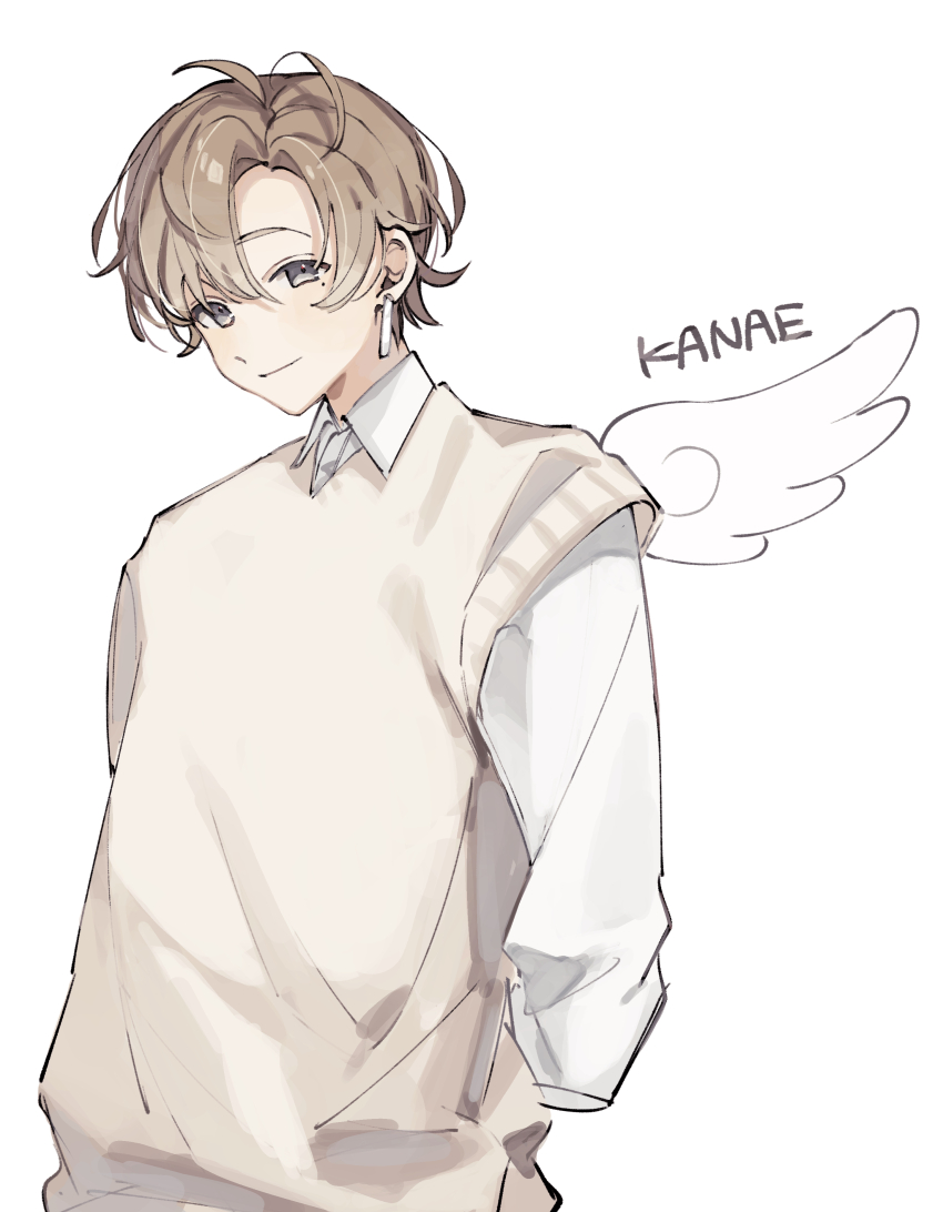 1boy, absurdres, angel_wings, brown_eyes, brown_hair, character_name, closed_mouth, cococall, collared_shirt, earrings, highres, jewelry, kanae_(9th_costume)_(nijisanji), kanae_(nijisanji), looking_at_viewer, male_focus, nijisanji, shirt, single_wing, solo, sweater, virtual_youtuber, white_background, white_shirt, white_wings, wings