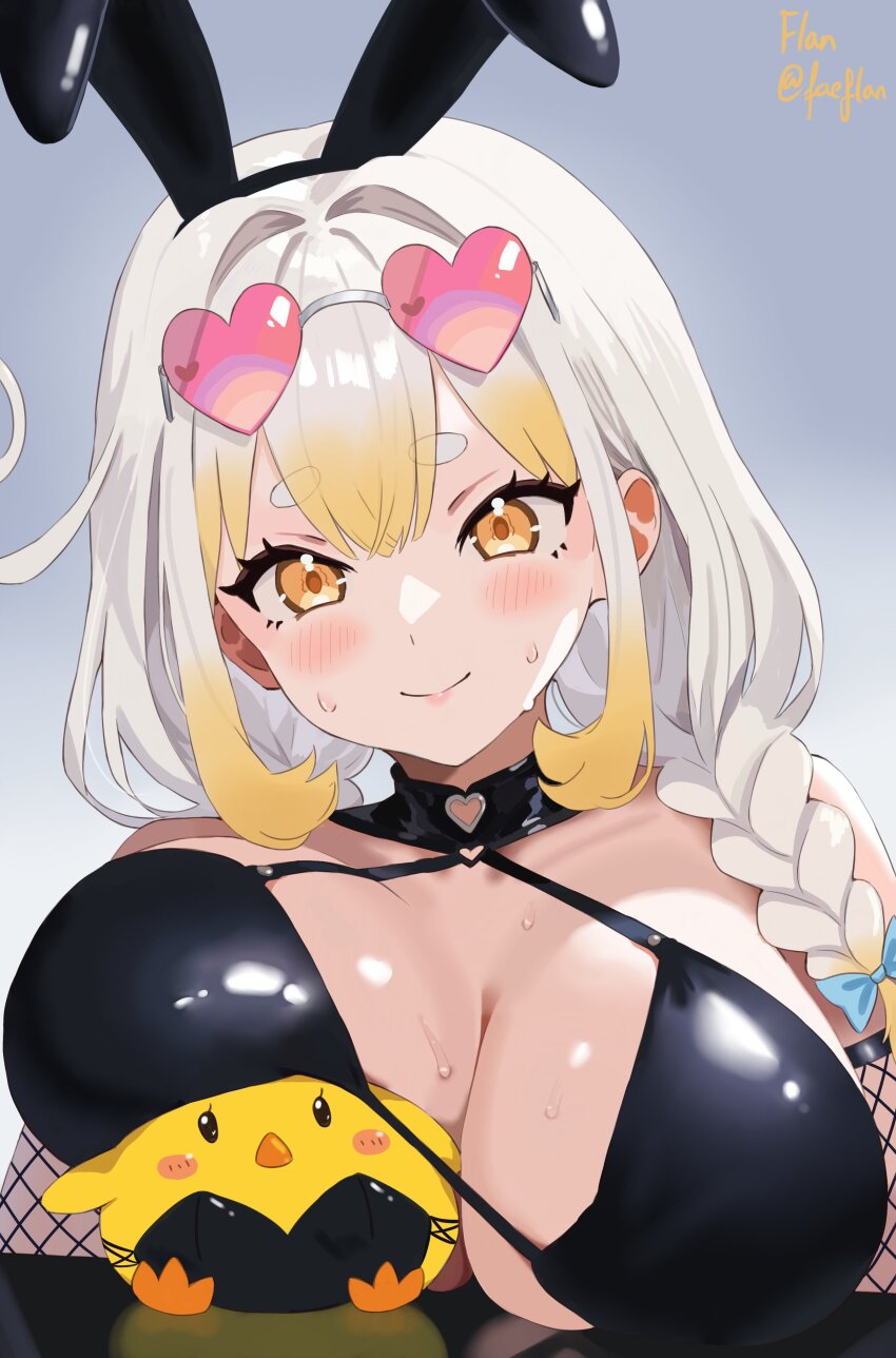 1girl, absurdres, animal_ears, artist_name, blush, braid, breast_rest, breasts