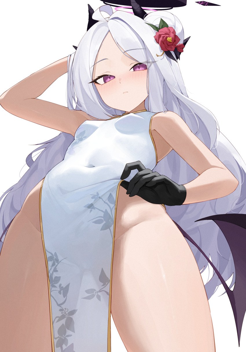 1girl, absurdres, ahoge, alternate_costume, black_gloves, blue_archive, blush, breasts, china_dress, chinese_clothes, closed_mouth, clothes_lift, covered_erect_nipples, covered_navel, demon_girl, demon_horns, demon_wings, dress, dress_lift, floral_print, floral_print_dress, flower, from_below, gloves, grey_hair, hair_bun, hair_flower, hair_ornament, halo, hand_in_own_hair, highres, hina_(blue_archive), horns, lifting_own_clothes, long_hair, looking_at_viewer, low_wings, multiple_horns, no_panties, pelvic_curtain, print_dress, purple_eyes, simple_background, single_side_bun, sleeveless, sleeveless_dress, small_breasts, solo, weimiaw, white_background, white_dress, wings