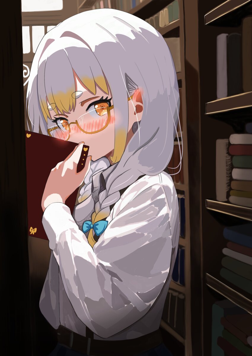 1girl, absurdres, blush, book, bookshelf, braid, faeflan, grey_hair