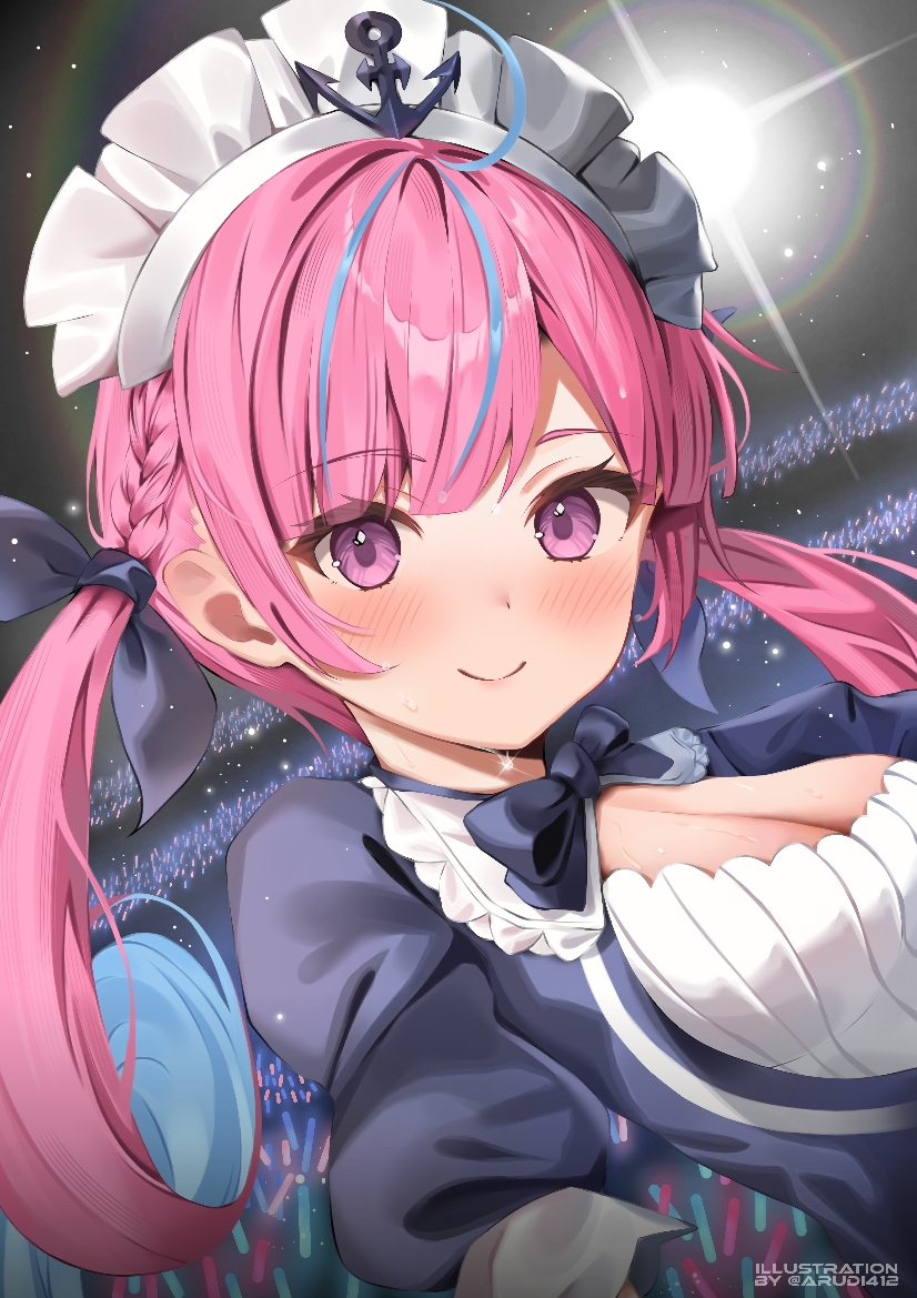 1girl, ahoge, artist_name, arudi412, blue_dress, blue_hair, blue_ribbon, blush