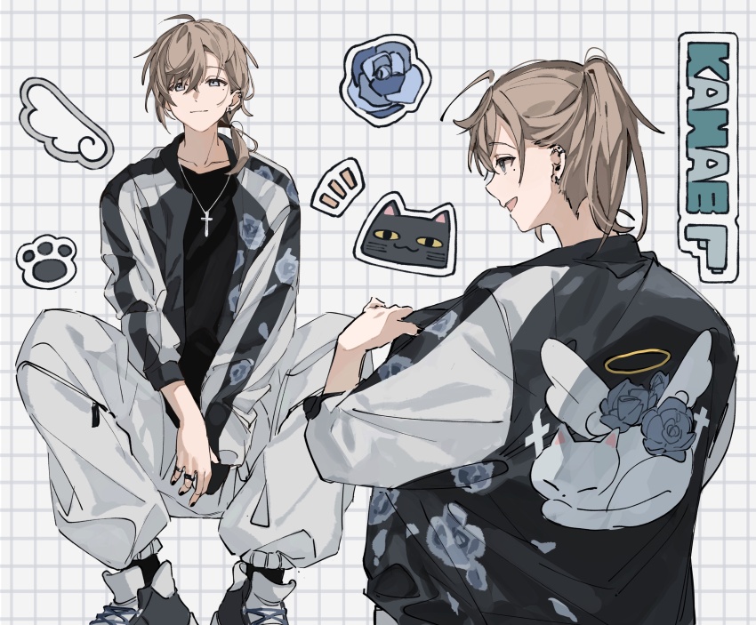 1boy, absurdres, animal_print, black_footwear, black_shirt, blue_eyes, brown_hair, cat