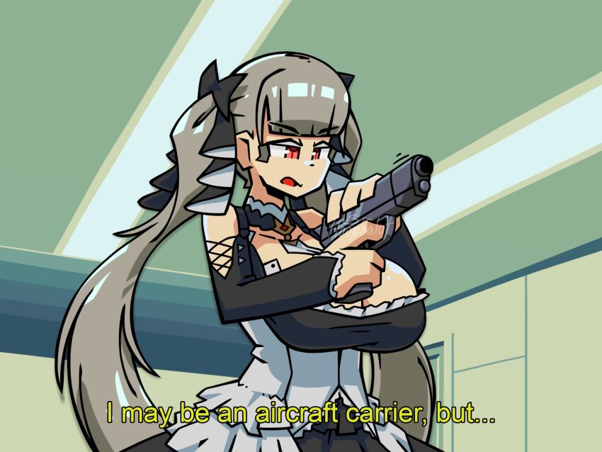 1girl, artist_name, azur_lane, breasts, ceiling, ceiling_light, cocking_gun, commentary