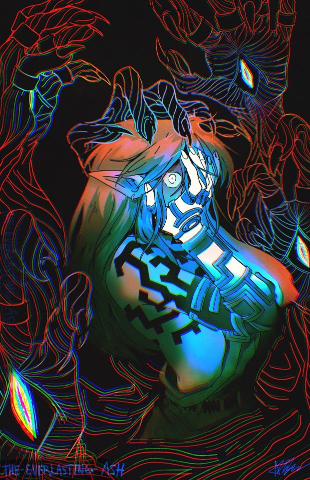 1boy, archaic_set_(zelda), arm_markings, arm_tattoo, body_markings, brown_hair, chromatic_aberration, constricted_pupils