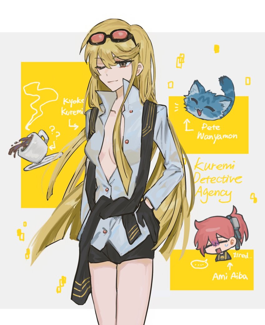 2girls, aiba_ami, black_shorts, blonde_hair, blue_fur, body_fur, breasts, chibi