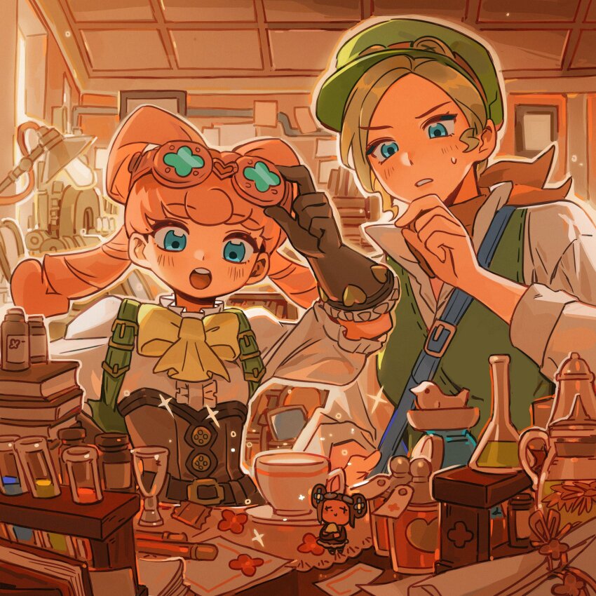 2girls, absurdres, ace_attorney, adjusting_goggles, belt, blonde_hair, book, book_stack