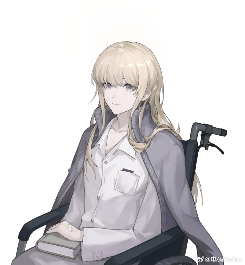 1girl, bandaid, bandaid_on_hand, blonde_hair, book, book_on_lap, breast_pocket, chair