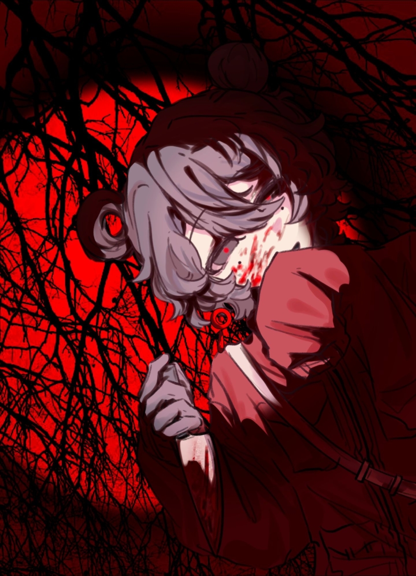 1girl, black_eyes, black_gloves, black_hair, blood, blood_on_arm, blood_on_face, chinese_commentary