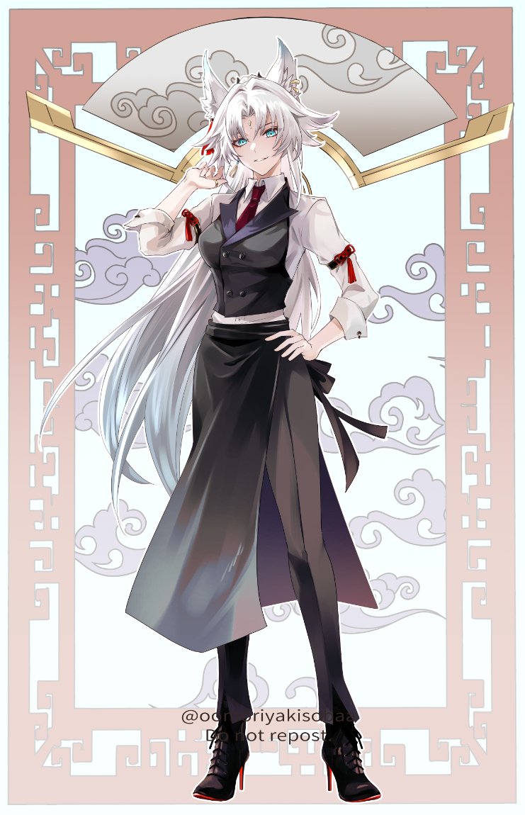 1girl, alternate_costume, animal_ears, apron, aqua_eyes, black_apron, black_boots, black_pants, black_vest, boots, breasts, cloud, collared_shirt, earrings, feixiao_(honkai:_star_rail), forehead_jewel, fox_ears, fox_girl, full_body, hair_flaps, hand_on_own_hip, hand_up, high_heel_boots, high_heels, honkai:_star_rail, honkai_(series), implied_extra_ears, jewelry, lace-up_boots, large_breasts, lattice, long_hair, looking_at_viewer, mori_morii, necktie, pants, parted_bangs, parted_lips, ponytail, red_necktie, shirt, single_earring, sleeve_garter, sleeves_rolled_up, smile, solo, standing, tassel, tassel_earrings, thumb_ring, very_long_hair, vest, waist_apron, waiter, white_hair, white_shirt