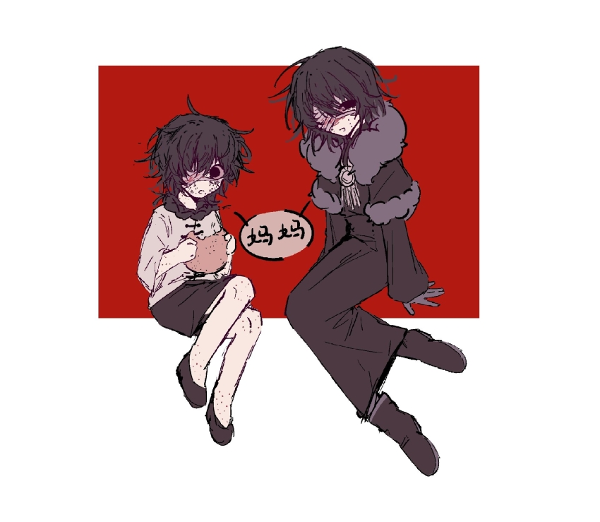 2boys, bandage_over_one_eye, bandages, black_boots, black_capelet, black_coat, black_gloves, black_hair