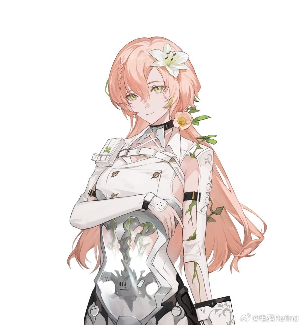 1girl, armpit_cutout, black_choker, character_request, choker, closed_mouth, clothing_cutout, dianma_refind, flower, green_eyes, hair_flower, hair_ornament, hand_up, leaf, lily_(flower), long_hair, looking_at_viewer, official_art, pink_flower, pink_hair, punishing:_gray_raven, see-through_body, shirt, smile, solo, tachi-e, upper_body, watermark, weibo_watermark, white_background, white_flower, white_shirt