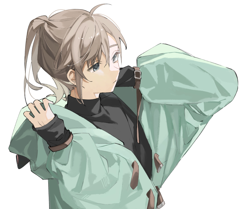 1boy, black_shirt, blue_eyes, brown_hair, closed_mouth, cococall, green_jacket, highres