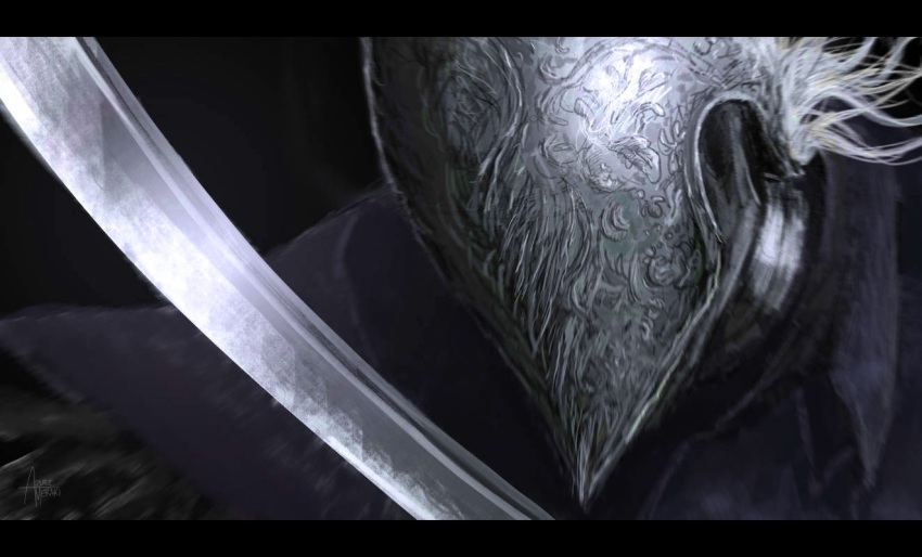 1boy, armor, azure_meraki, black_cloak, bloodborne, bloody_crow_of_cainhurst, chikage_(bloodborne), cloak