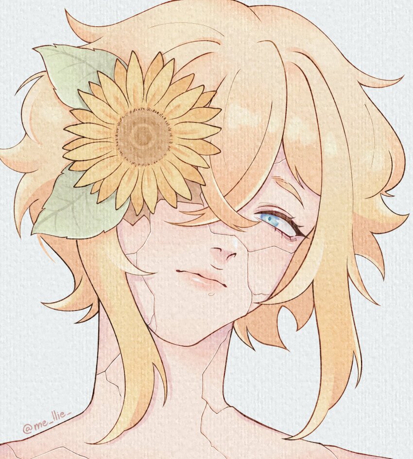 1boy, basil_(faraway)_(omori), basil_(omori), blonde_hair, blue_eyes, close-up, closed_mouth, expressionless