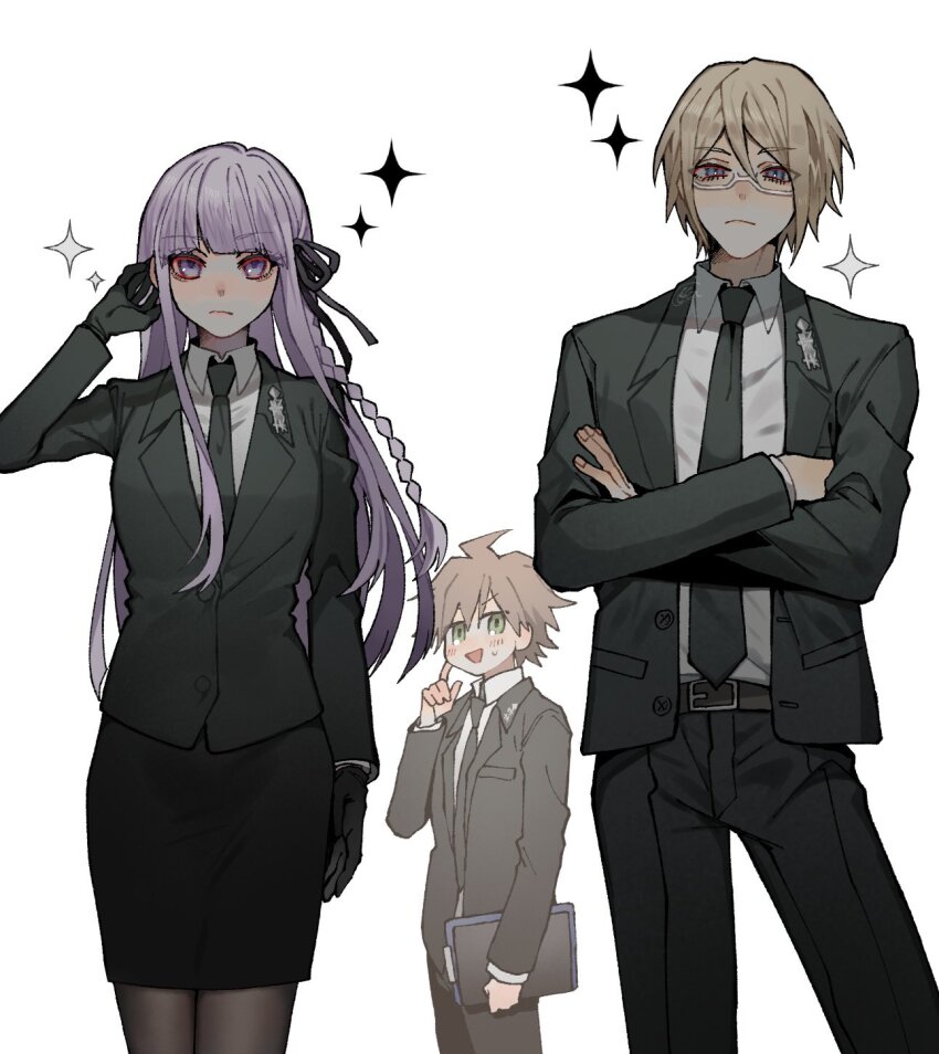 1girl, 2boys, ahoge, belt, black_gloves, black_jacket, black_necktie, black_pants