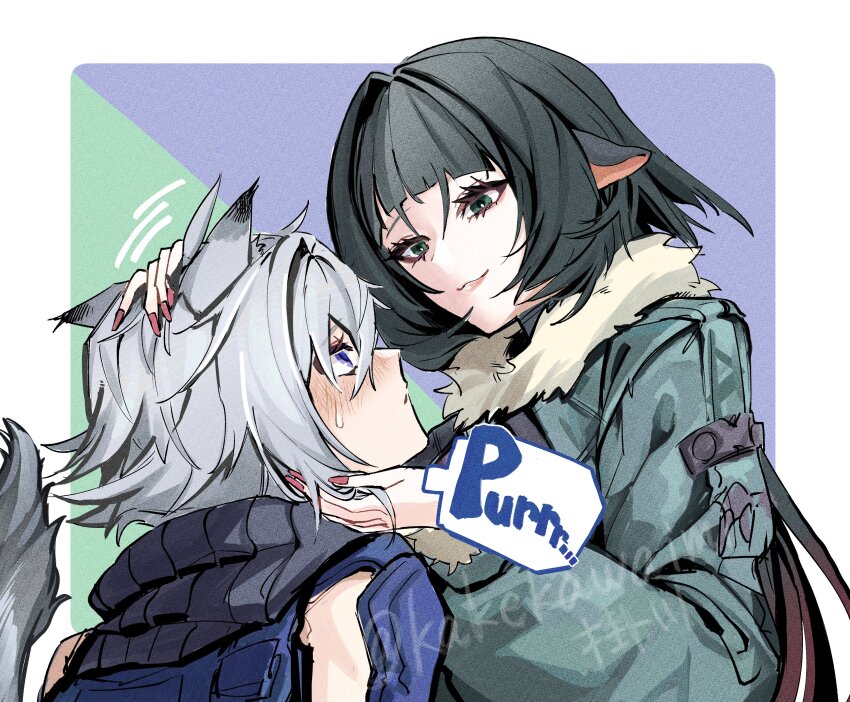 1boy, 1girl, absurdres, animal_ears, black_hair, cat_boy, cat_ears, cat_tail, couple, fur_collar, fur_trim, green_eyes, headpat, hetero, highres, jane_doe_(zenless_zone_zero), kakekawaimi, mouse_ears, mouse_girl, red_nails, seth_lowell, short_hair, smile, speech_bubble, tail, tears, upper_body, white_hair, zenless_zone_zero