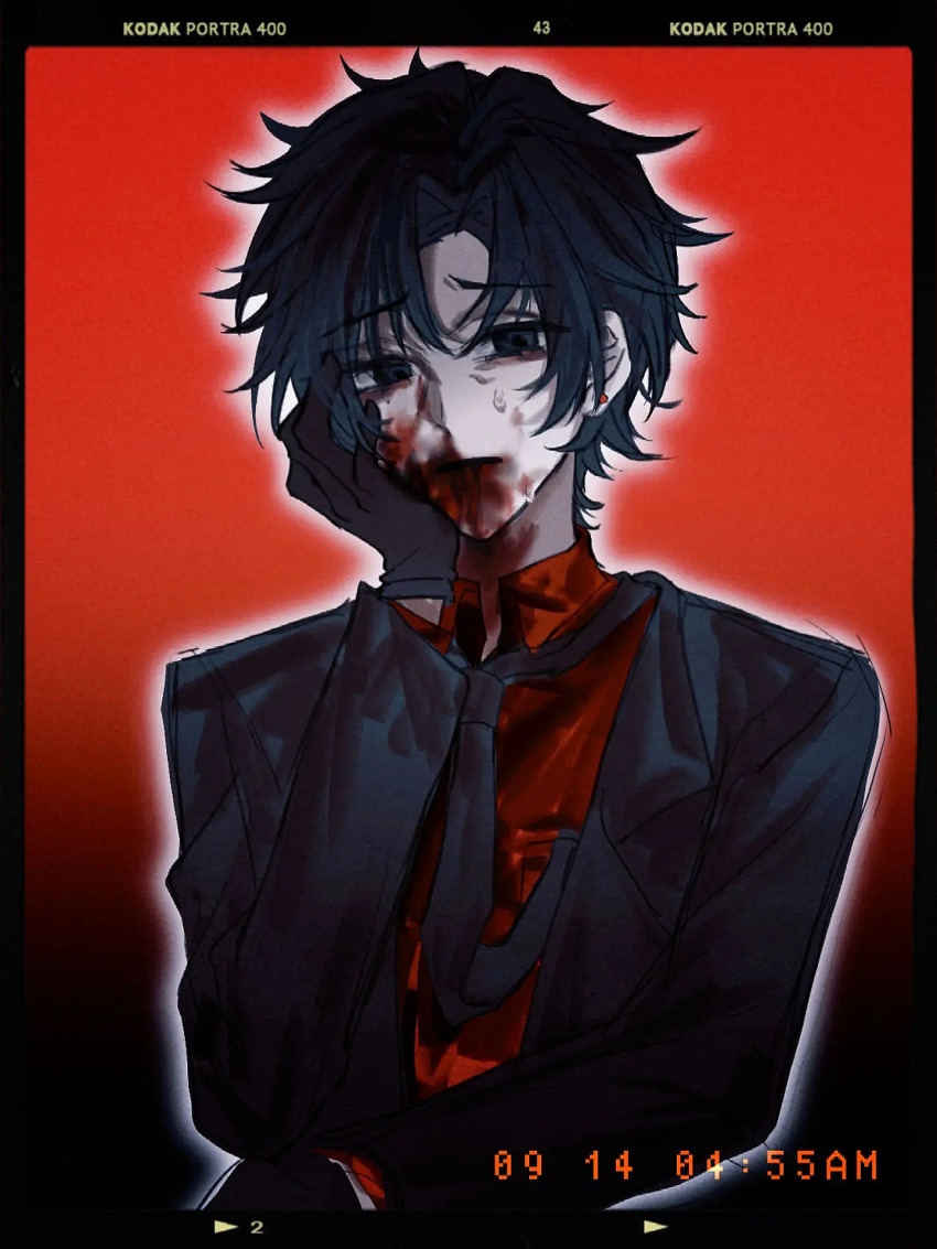 1boy, black_eyes, black_gloves, black_hair, black_jacket, black_necktie, blood, blood_on_face