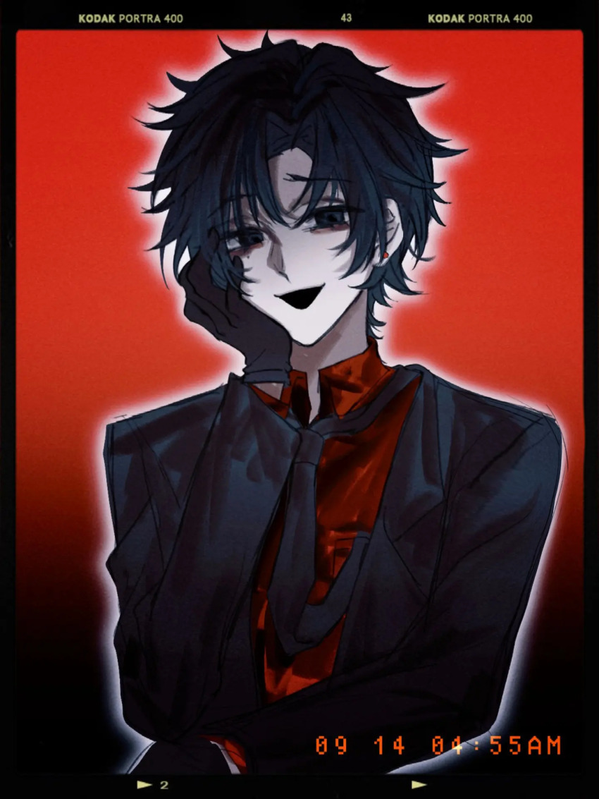 1boy, black_eyes, black_gloves, black_hair, black_jacket, black_necktie, buxiang_hua_suxie!, collared_shirt