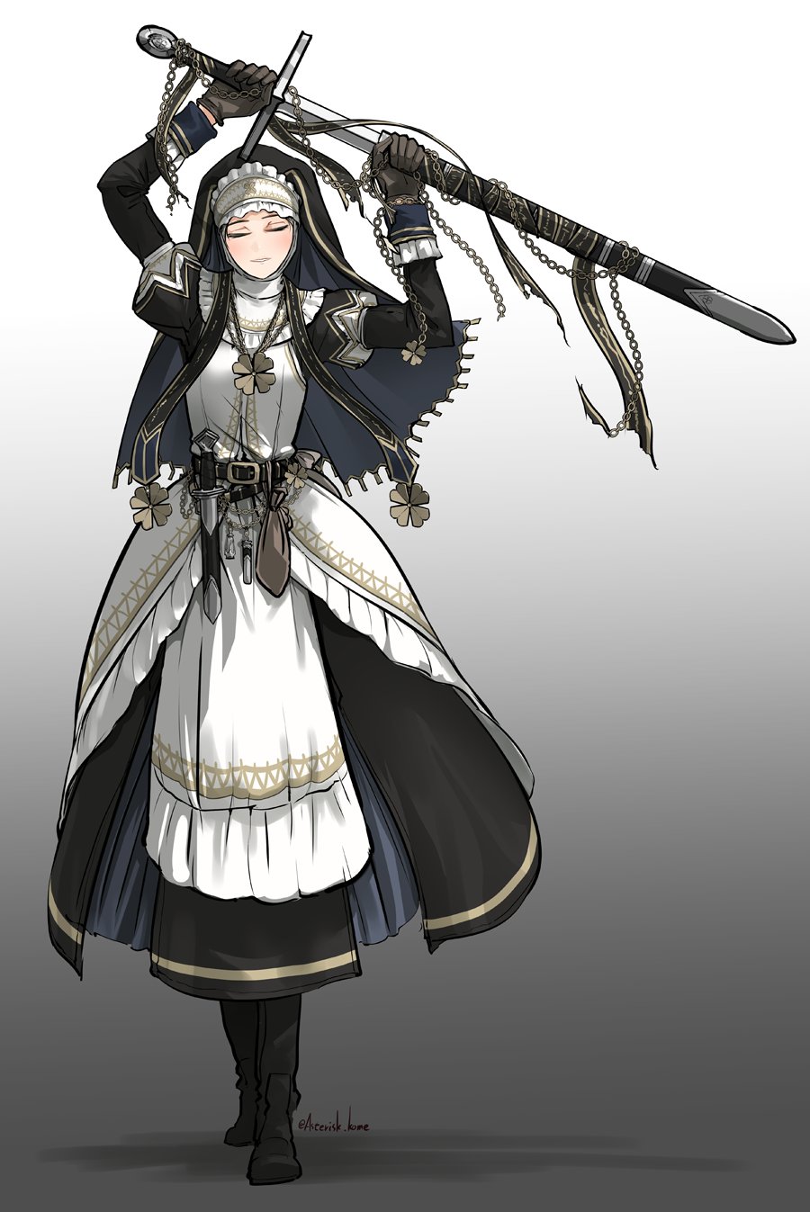 1girl, arms_up, asterisk_kome, bag, belt, black_boots, boots, chain, closed_eyes, clover, dagger, drawstring, drawstring_bag, dress, four-leaf_clover, four-leaf_clover_ornament, frills, gloves, highres, holding, holding_sword, holding_weapon, knife, long_sleeves, nun, nun_headdress, original, pouch, puffy_sleeves, scabbard, sheath, simple_background, sword, unsheathing, veil, weapon