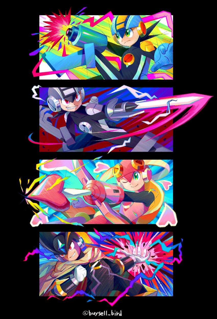 1girl, 3boys, android, arm_blade, arm_cannon, arrow_(projectile), bass.exe_(mega_man), black_bodysuit