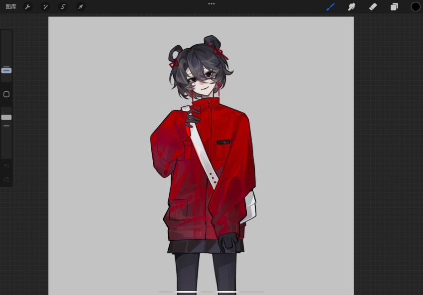 1girl, aosadekuermanpifa, art_program_in_frame, black_eyes, black_gloves, black_hair, black_pantyhose, black_skirt