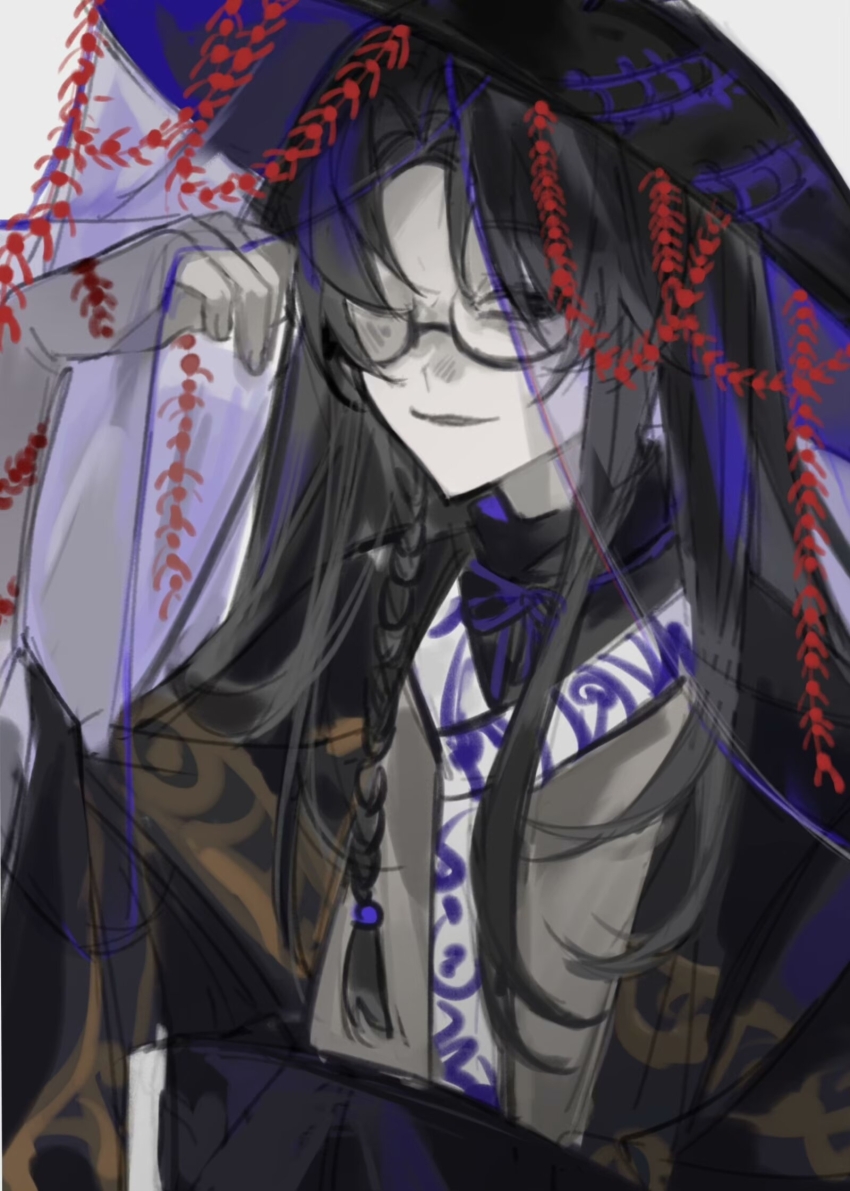 1boy, ajirogasa, aosadekuermanpifa, arm_up, black_eyes, black_hair, black_hat, black_jacket