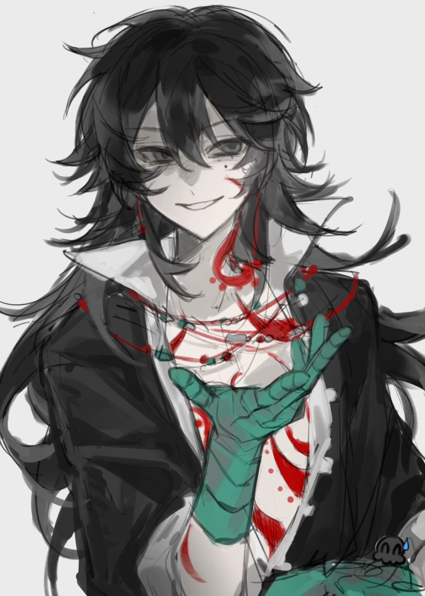 1boy, aosadekuermanpifa, bandaged_hand, bandages, black_eyes, black_hair, black_jacket, chest_tattoo, chinese_commentary, collared_shirt, commentary_request, hair_between_eyes, hand_up, highres, huayangshan_jishi, jacket, jewelry, long_hair, looking_at_viewer, male_focus, mole, mole_under_mouth, neck_tattoo, necklace, open_clothes, open_jacket, open_shirt, shirt, short_sleeves, simple_background, sketch, skirt, smile, solo, tattoo, upper_body, white_background, white_shirt, white_skirt, zhao_yuwen