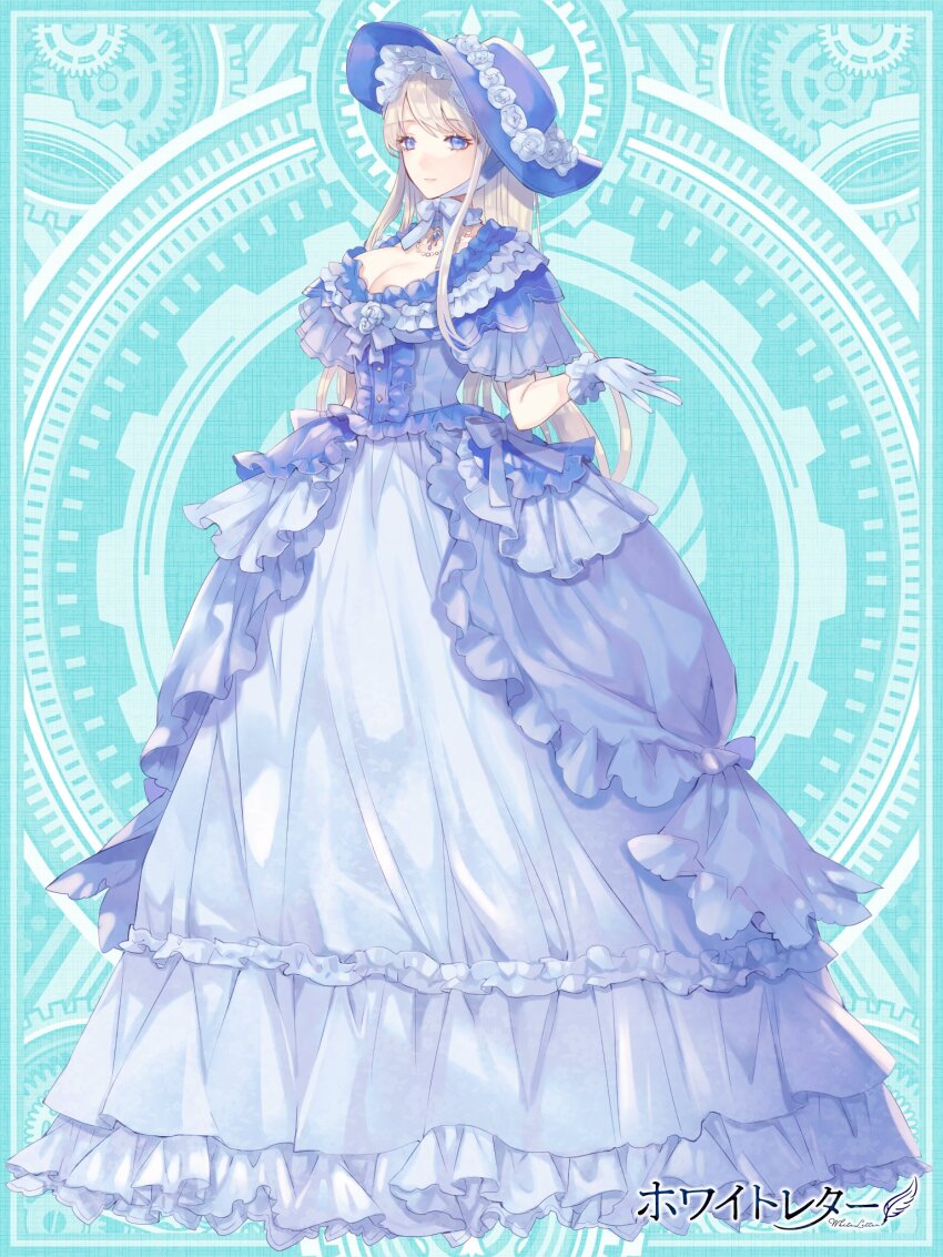 1girl, :|, alpaca_connect, aqua_background, blonde_hair, blue_bow, blue_dress, blue_eyes