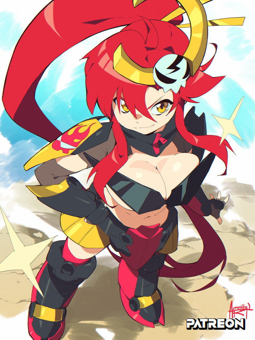 1girl, absurdres, aetherion, artist_name, belly, blue_sky, breasts, cleavage, cosplay, gurren-lagann, gurren-lagann_(cosplay), highres, large_breasts, long_hair, looking_at_viewer, looking_up, navel, ponytail, red_hair, sky, solo, sunglasses, tengen_toppa_gurren_lagann, yellow_eyes, yoko_littner