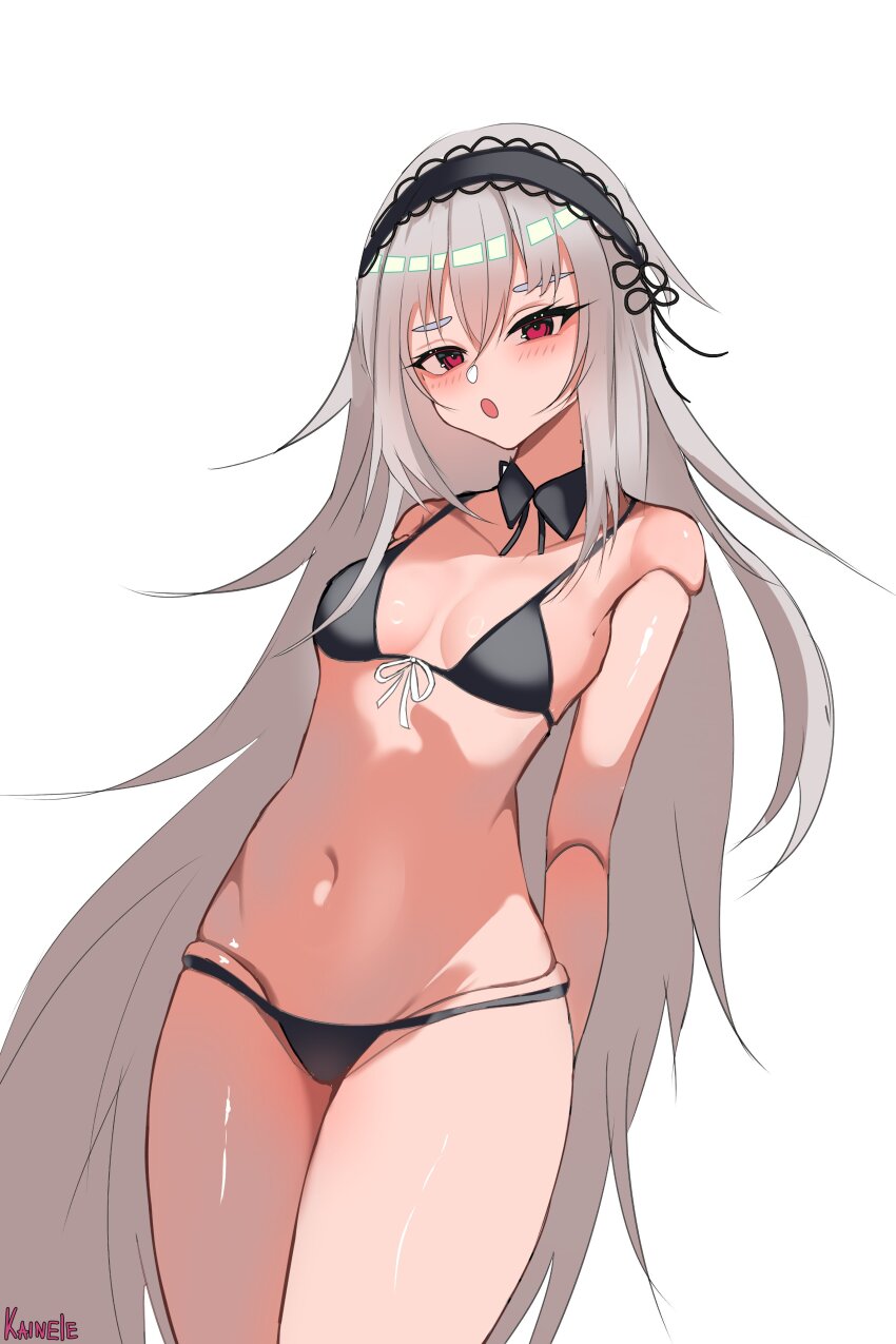 absurdres, bikini, black_bikini, blush, doll_joints, grey_hair, hairband, highres, joints, kainele, long_hair, looking_at_viewer, no_heterochromia, red_eyes, rozen_maiden, smile, solo, suigintou, swimsuit, very_long_hair, white_hair