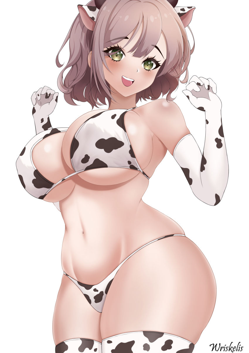 1girl, absurdres, animal_ears, animal_print, bare_shoulders, bikini, breasts, brown_hair