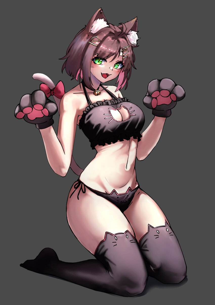 1girl, absurdres, alternate_costume, animal_ear_fluff, animal_ear_legwear, animal_ears, animal_hands, bare_arms