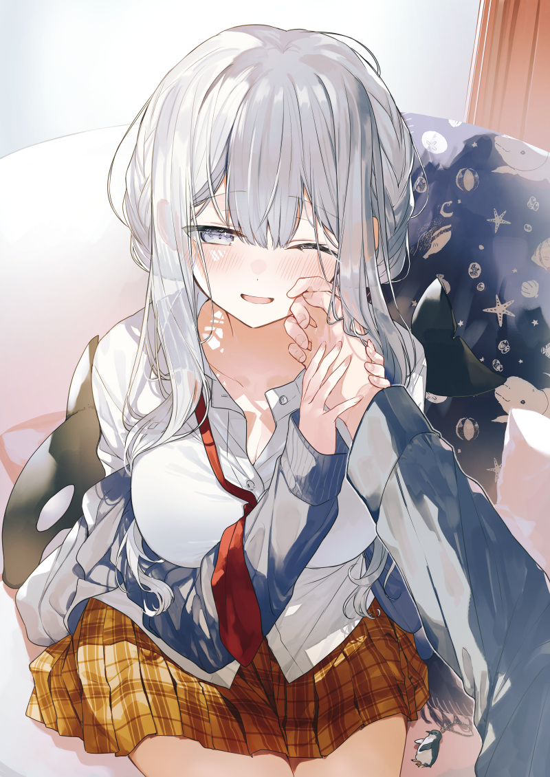 1girl, blunt_bangs, braid, breasts, cardigan, cleavage, collarbone, collared_shirt