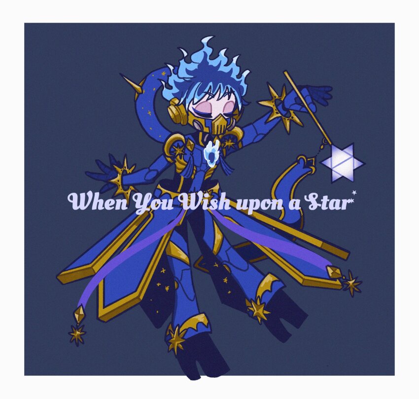 1boy, black_background, blue_hair, closed_eyes, commentary, english_text, fiery_hair, full_body