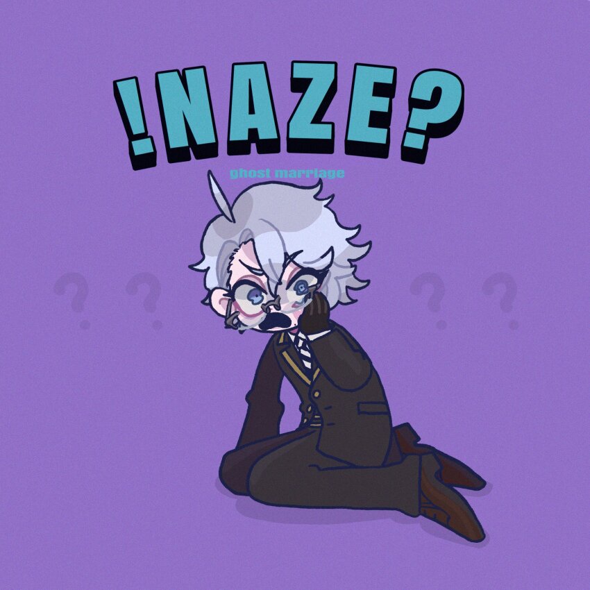 1boy, azul_ashengrotto, blue_eyes, commentary, english_text, full_body, glasses, grey_hair