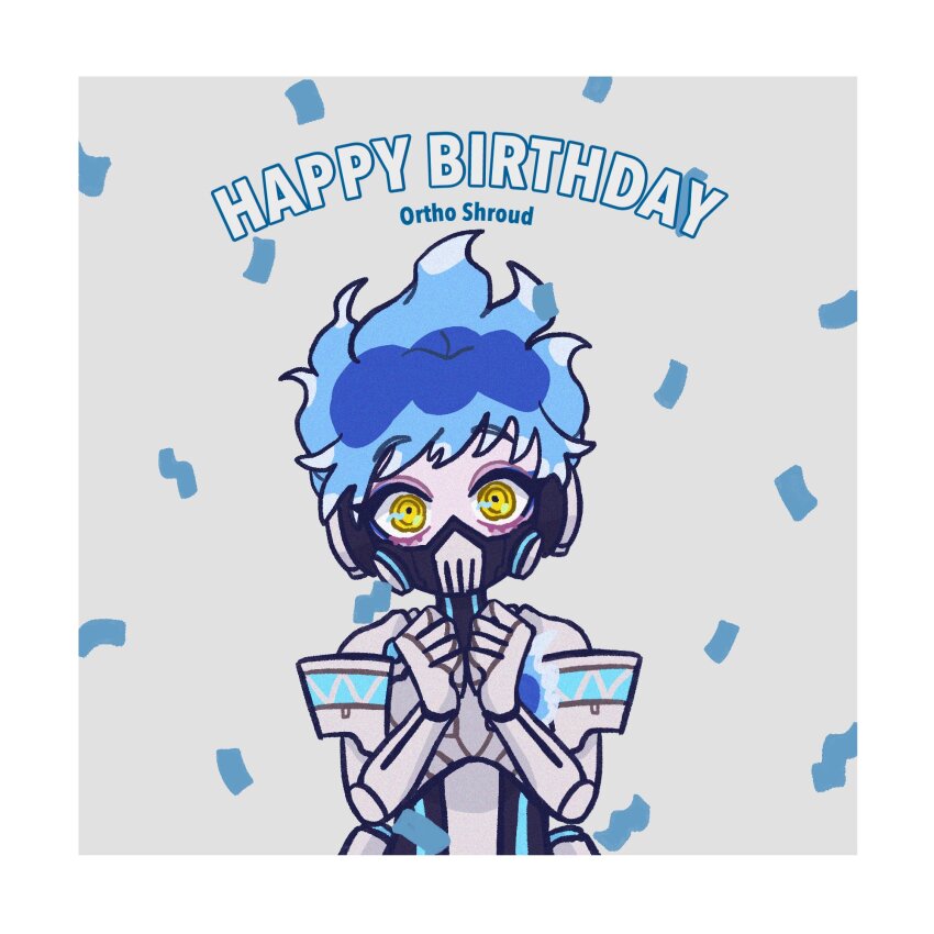 1boy, android, blue_hair, commentary, confetti, fiery_hair, grey_background, happy_birthday