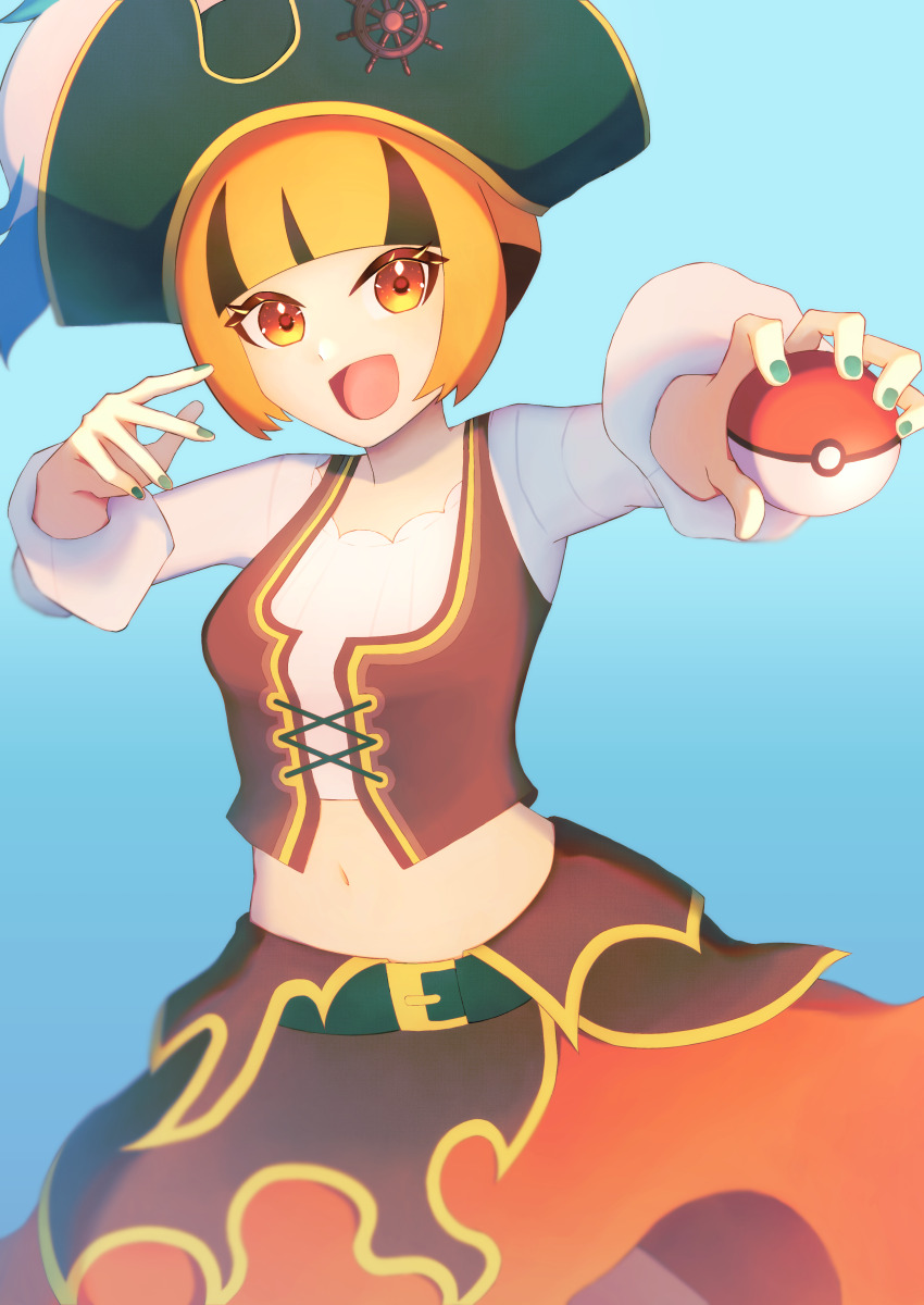 1girl, absurdres, blue_background, gardenia_(pokemon), gardenia_(summer_2024)_(pokemon), hat, highres, holding, holding_poke_ball, midriff, nail_polish, navel, nintendo, official_alternate_costume, orange_eyes, orange_hair, pirate_costume, pirate_hat, poke_ball, poke_ball_(basic), pokemon, pokemon_masters_ex, solo, yuha_(donkarasu03)