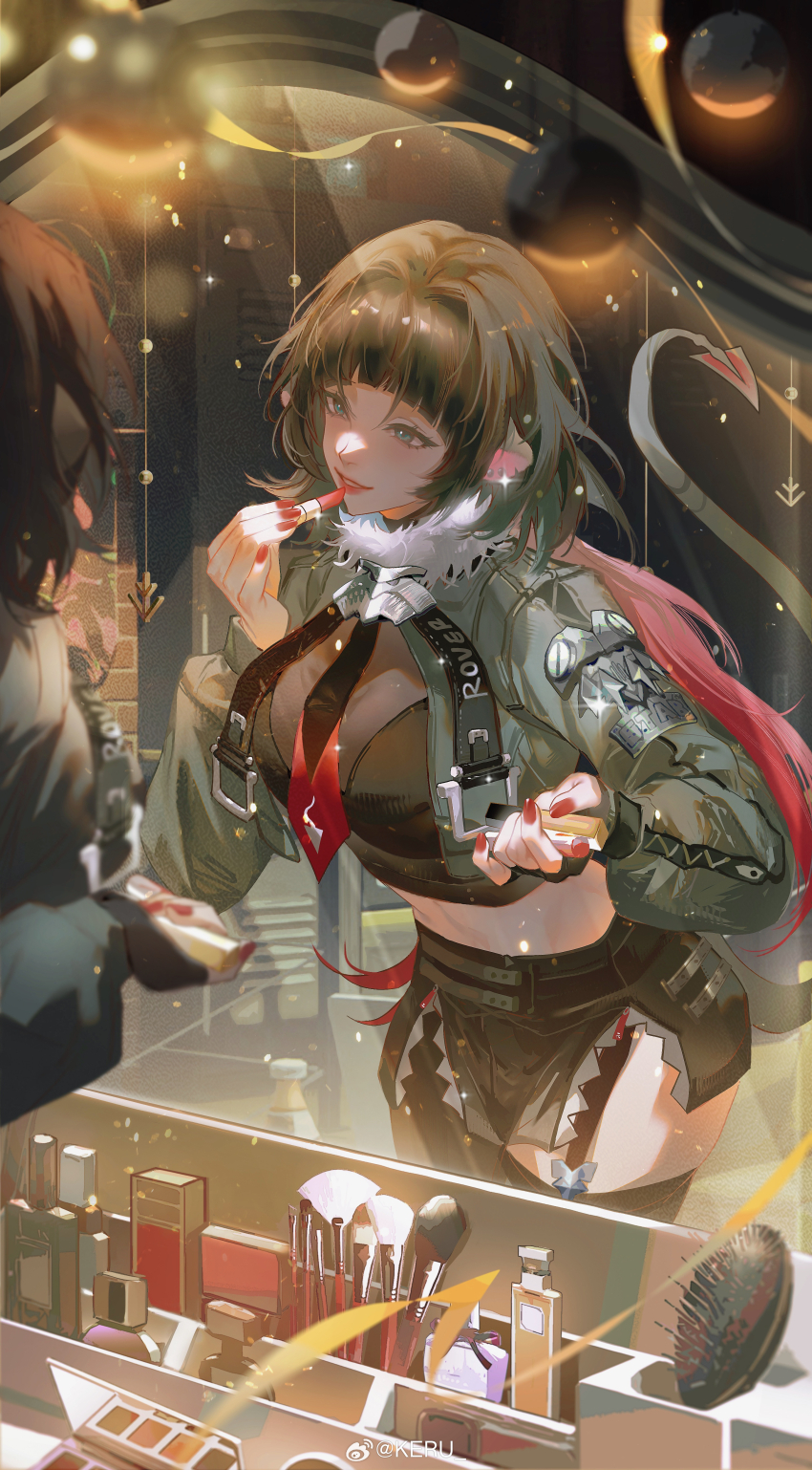1girl, absurdres, animal_ears, artist_name, black_hair, black_shorts, blunt_bangs, breasts, cosmetics, fingernails, fur-trimmed_jacket, fur_trim, green_eyes, green_jacket, high-waist_shorts, highres, holding, holding_lipstick_tube, indoors, jacket, jane_doe_(zenless_zone_zero), keru233, large_breasts, lipstick, lipstick_tube, long_hair, makeup, makeup_palette, mirror, mouse_ears, mouse_girl, mouse_tail, multicolored_hair, red_hair, red_nails, shorts, sidelocks, smile, solo, standing, tail, two-tone_hair, watermark, weibo_watermark, zenless_zone_zero