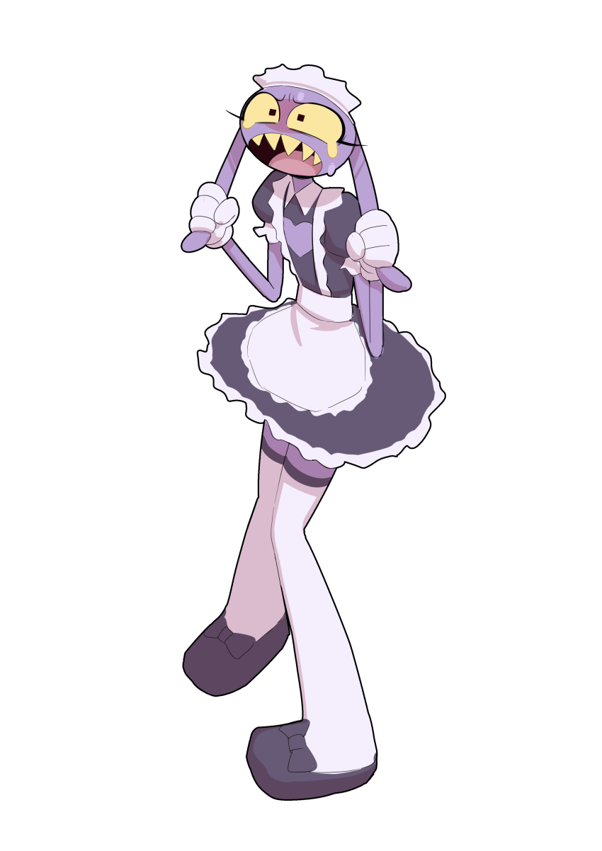 1boy, 20daysapple, absurdres, alternate_costume, animal_ears, apron, black_dress, black_eyes, black_footwear, blush, bow, cleavage_cutout, clothing_cutout, collared_dress, colored_sclera, colored_skin, colored_teeth, crossdressing, crossdressing_(mtf), dress, footwear_bow, frilled_apron, frilled_dress, frilled_sleeves, frills, full_body, gloves, hand_on_own_ear, heart_cutout, highres, jax_(the_amazing_digital_circus), knees_together_feet_apart, maid, maid_apron, maid_headdress, male_focus, male_maid, open_mouth, puffy_short_sleeves, puffy_sleeves, pulling_ears, pulling_own_ear, purple_skin, rabbit_boy, rabbit_ears, shaded_face, sharp_teeth, short_sleeves, solo, sweatdrop, teeth, the_amazing_digital_circus, thighhighs, waist_apron, white_apron, white_background, white_gloves, white_thighhighs, yellow_sclera, yellow_teeth