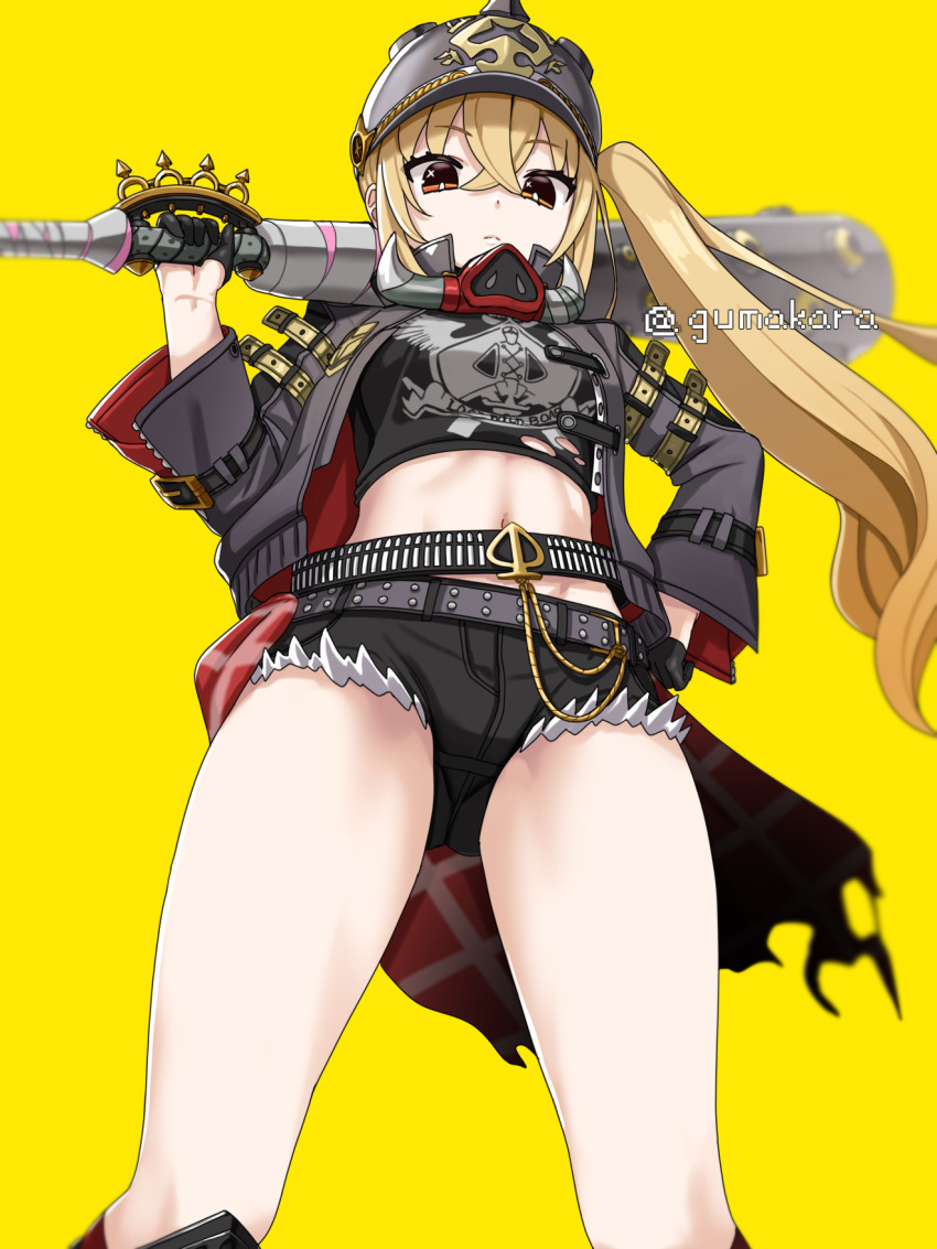 1girl, baseball_bat, black_gloves, black_helmet, black_jacket, black_shirt, black_shorts, blonde_hair