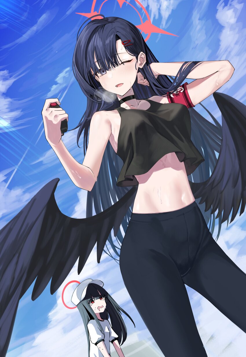 2girls, absurdres, alternate_costume, arm_up, armband, bare_arms, baseball_cap, black_choker, black_hair, black_leggings, black_shirt, blue_archive, blue_sky, casual, choker, cowboy_shot, cropped_shirt, grey_eyes, halo, hand_up, hat, highres, ichika_(blue_archive), justice_task_force_member_(blue_archive), leggings, long_hair, meltflow, midriff, multiple_girls, navel, one_eye_closed, open_mouth, red_halo, shirt, sky, sleeveless, sleeveless_shirt, smile, stomach, sweat, wings