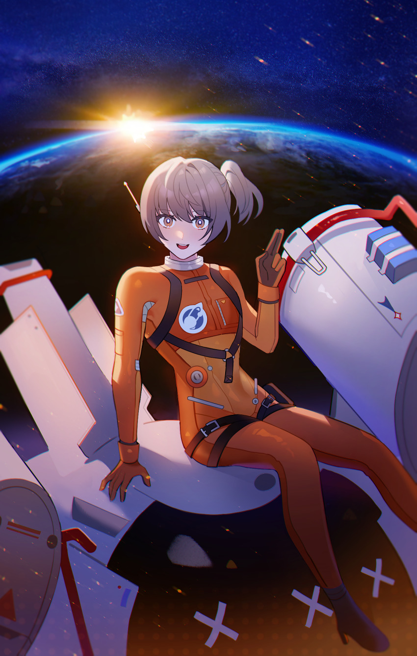 1girl, bodysuit, brown_eyes, brown_hair, earth_(planet), full_body, high_heels, highres