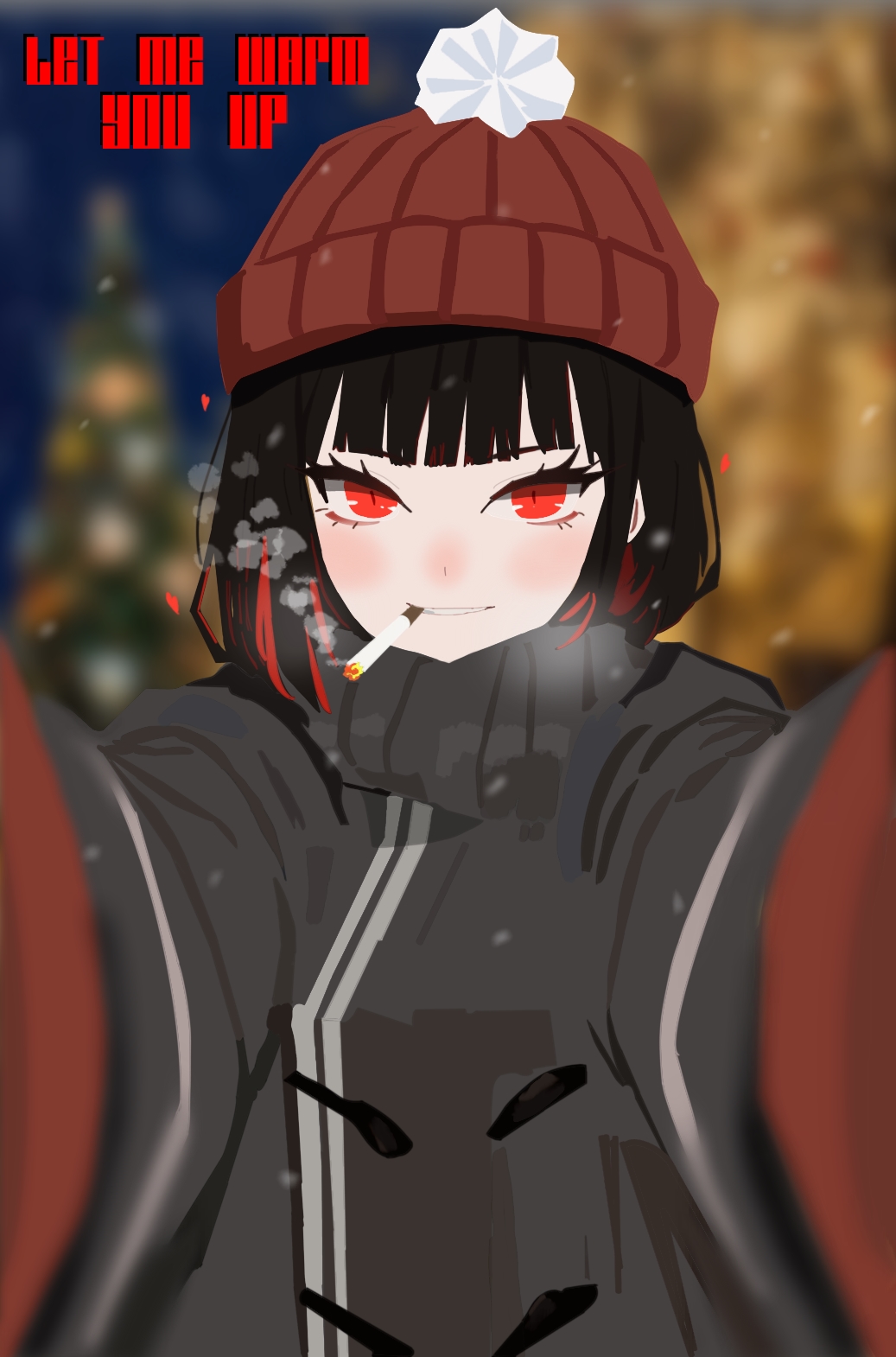 1girl, arraf, beanie, black_hair, bob_cut, cigarette, gloves, grey_jacket