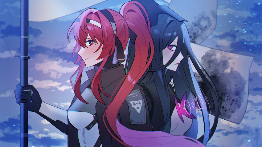 2girls, banner, black_hair, black_hairband, black_jacket, blue_pupils, closed_mouth, hair_between_eyes