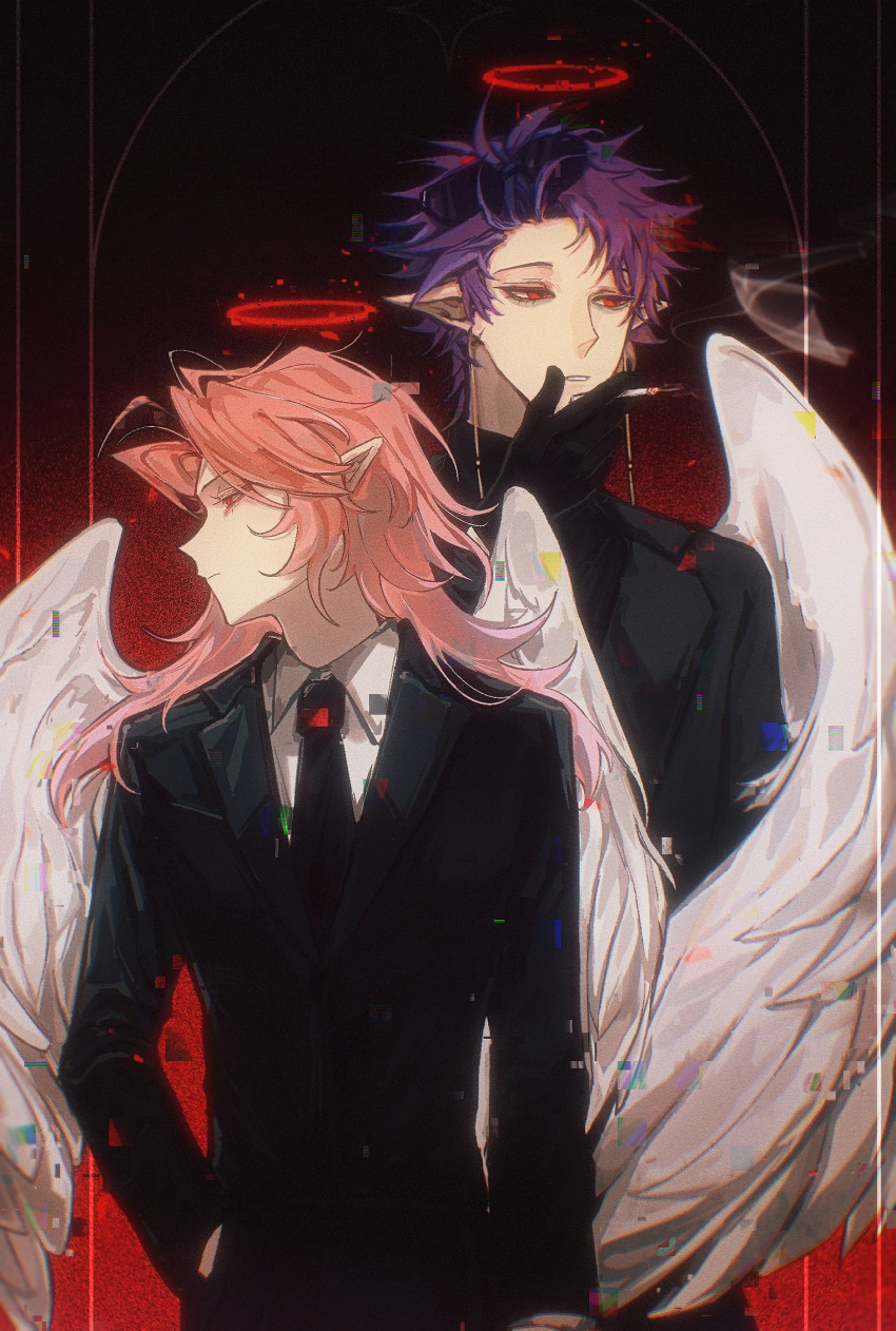 2boys, black_jacket, black_necktie, cigarette, closed_mouth, collared_shirt, earrings, feathered_wings